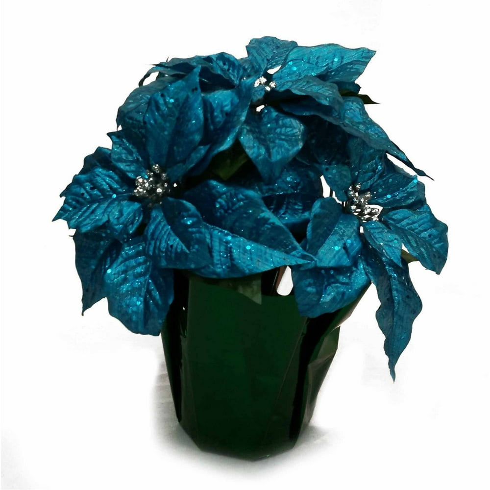 Glitter Poinsettia Wrap Pot, Teal Blue