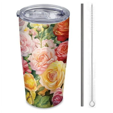 

vibrant watercolor painting of array of roses Insulated Travel Tumbler 20 oz Car Cup with Reusable Straw & Brush Hot & Cold Beverage Cup for Office/Outdoor
