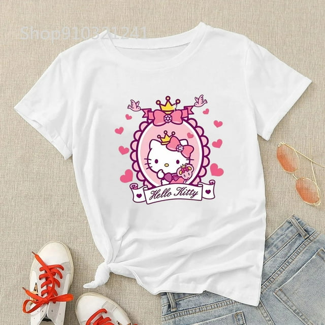 Hello Kitty T-Shirt Femme Été Graphique Kawaii T-shirts Imprimé Mignon Filles T-shirts Décontracté Basique T-Shirt Col Rond Hauts Femme Dropship