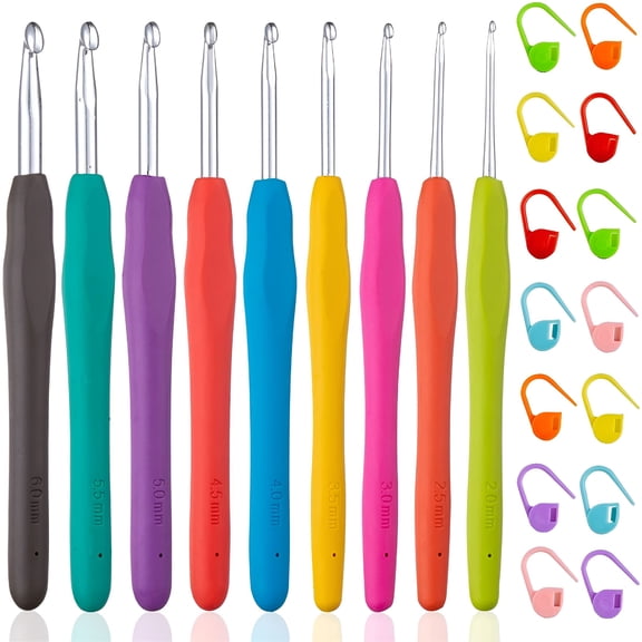 BESTSKY 23 PCS Crochet Hooks,Ergonomic Handle Crochet Hooks Set for Arthritic Hands,Comfortable Smooth Crochet Needles Extra Long Knitting Needles with Stitch Markers