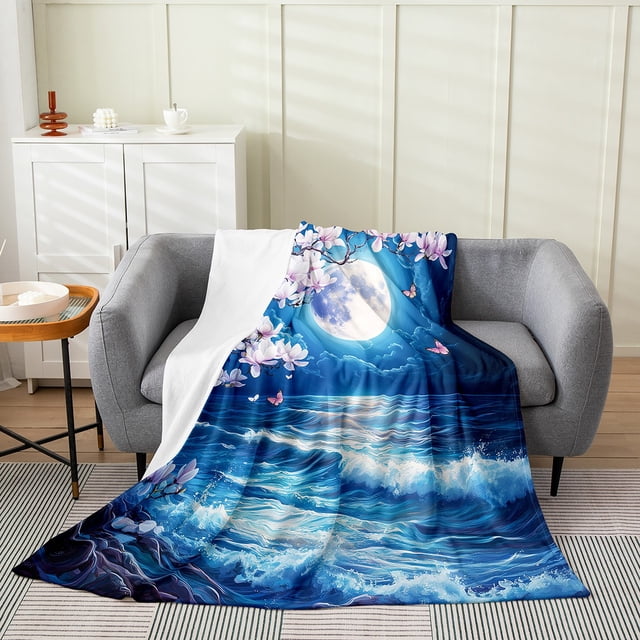 Erosebridal Japanese Style Throw Blanket for Couch 30x40,Ocean Wave Plush Blanket,Floral Decor