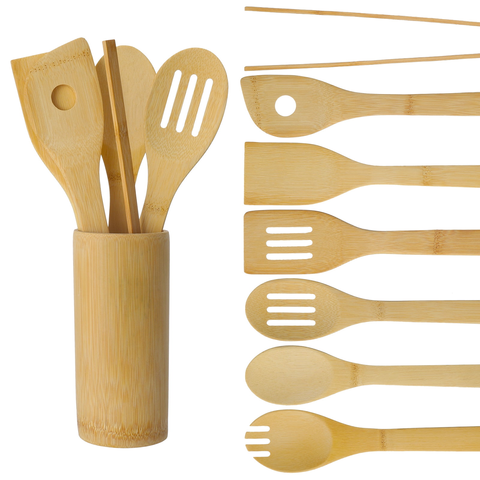 Topekada 8 Pack Wooden Utensil Set with Holder, Natural Bamboo Cooking Utensils for Nonstick Cookware, Wooden Spoons, Spatulas & Cooking Tongs, Eco-Friendly Gift for Home Chefs