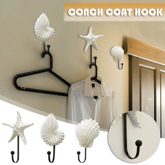 Hyknon Command Hooks Resin Coat Hook Wall Hanging Mediterranean Style Star Scallop Conch Coat Hook 3-piece Set Waterproof and Rust-Resistant Hooks