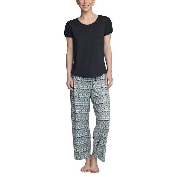 Muk Luks Solid Top & Printed Pants Pajama Set BLK/NOMAD Size Medium