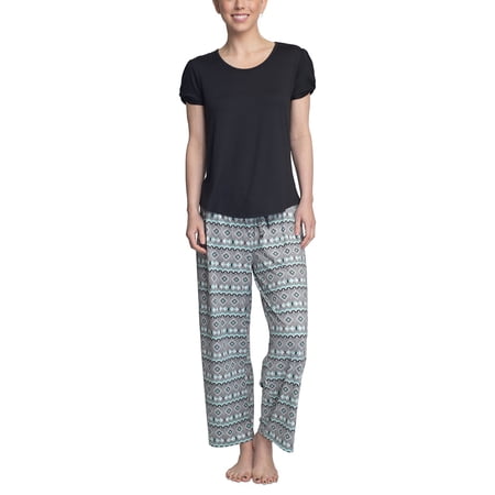 Muk Luks Solid Top & Printed Pants Pajama Set BLK/NOMAD Size Medium