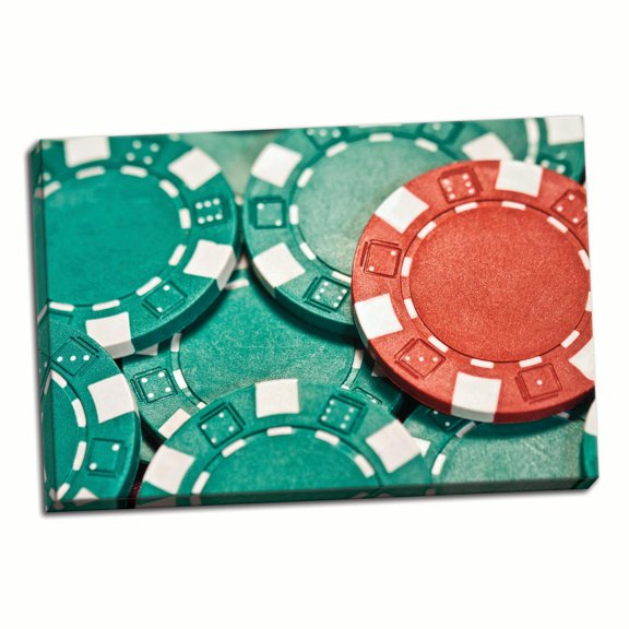 Gango Home Decor Green Poker Close-Up Game Chips Adult Decor; 1 - 36" x 24" Stretched Canvas