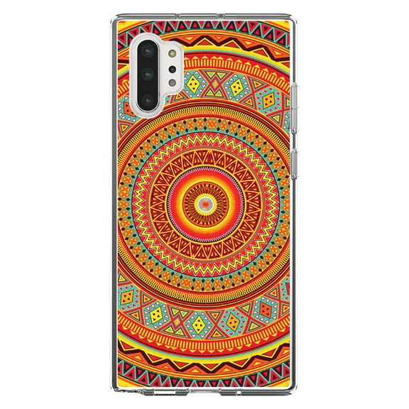 DistinctInk Clear Shockproof Hybrid Case for Galaxy Note 10 PLUS (6.8" Screen) - TPU Bumper, Acrylic Back, Tempered Glass Screen Protector - Orange Teal Yellow Tribal Print