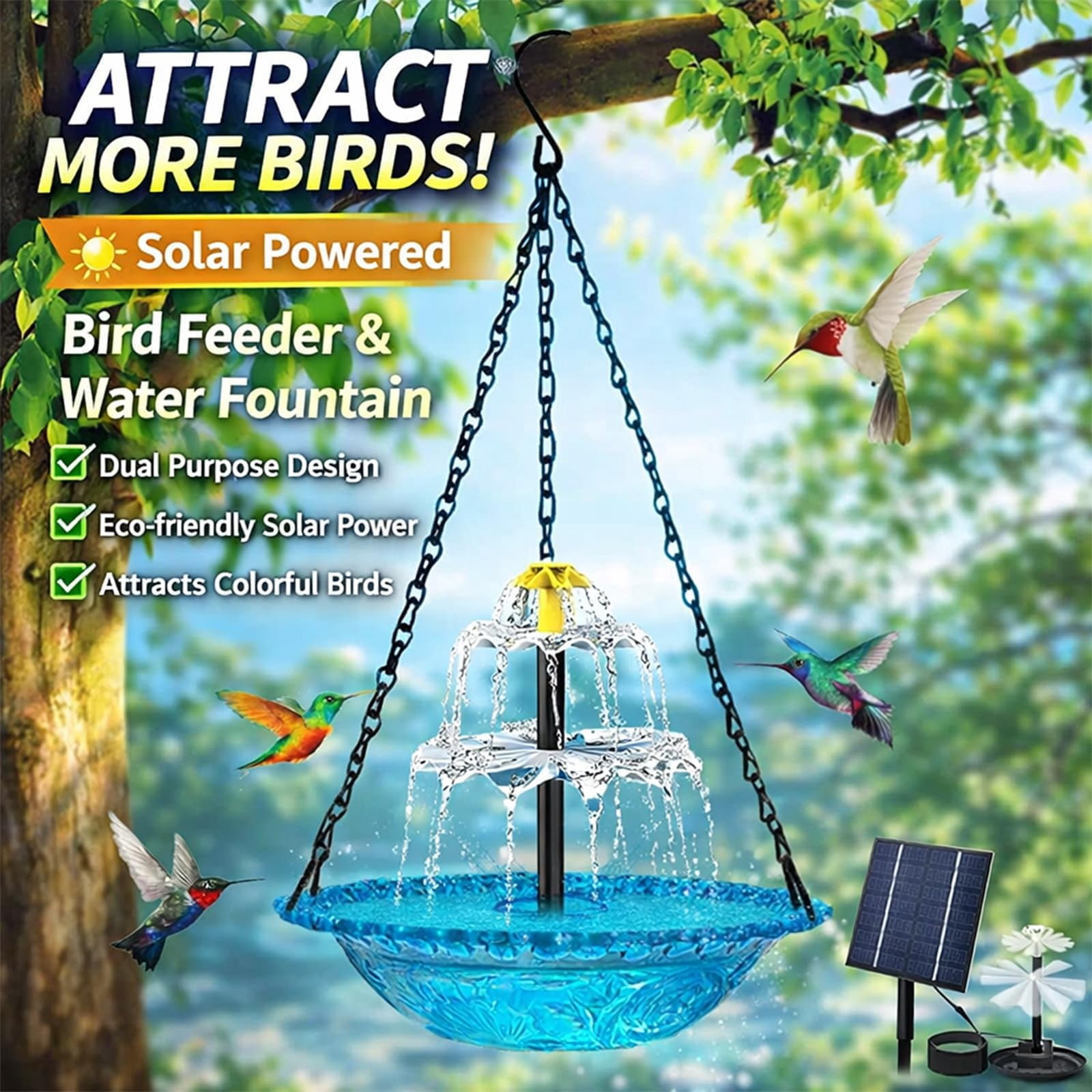 Solar Cascade Hanging Bird Bath Fountain Powered Cascading with  Pump & Glass Bowl for Outdoor, Gardens  Shower Bowl Kit Garden Gift