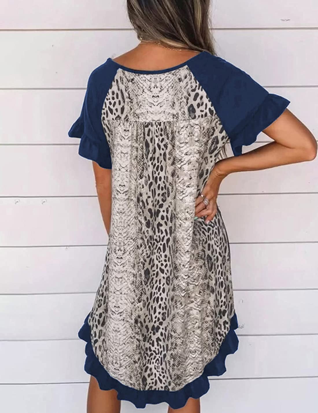 AILUNSNIKA Women Casual Dress Leopard Ruffled Mini Dresses Summer Swing Tunic Dress with Buttons