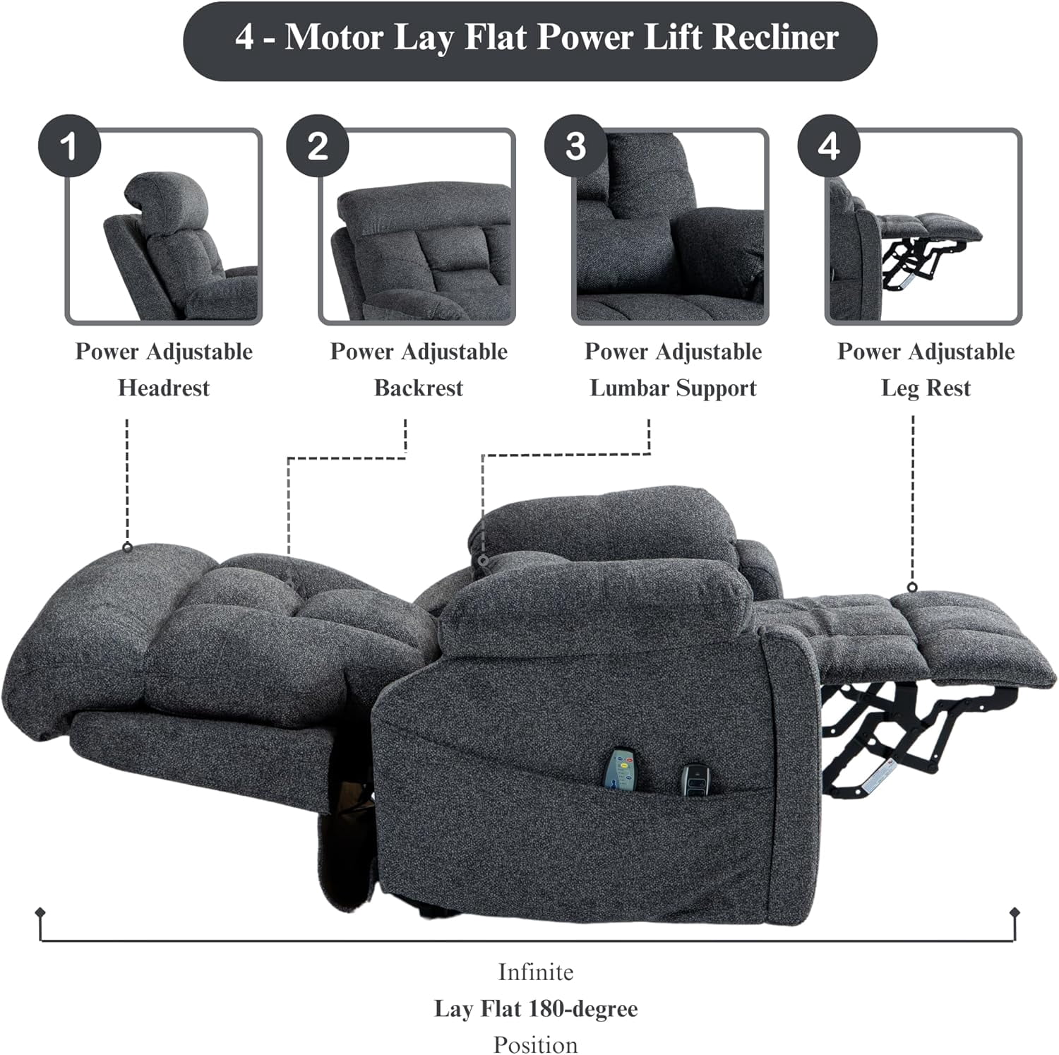 Lay Flat Power Lift Recliner Chair, | 400lbs | 25.5in Extra Wide | 4-Motor | Heat, Massage, Hidden Cup Holder, Sleeping | Big Man, Elderly