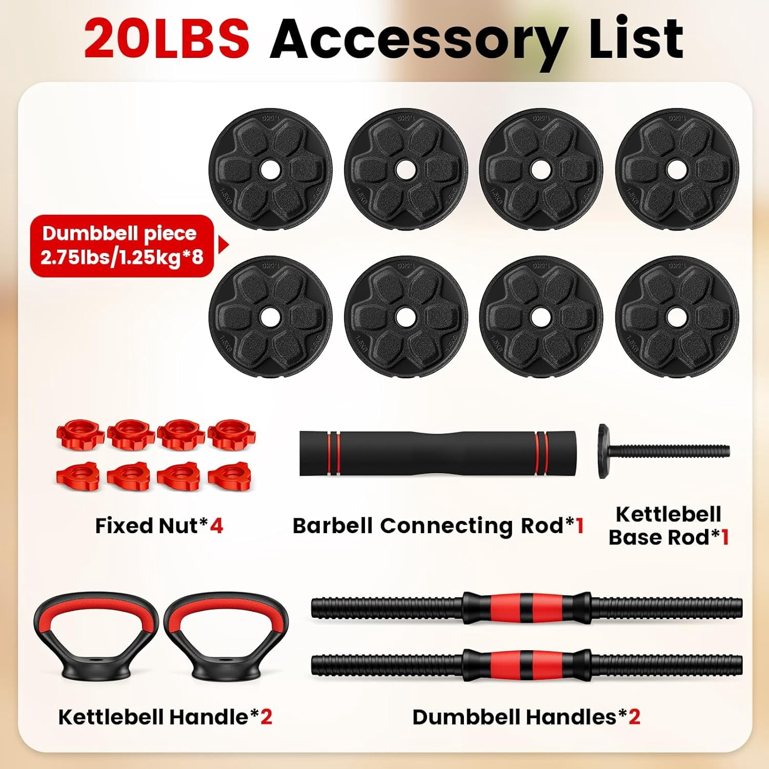Adjustable Dumbbell Set 20-90lbs 5-in-1 Free Weight Kit with Connector Bar for Home Gym, Multi-Function Strength Training Equipment for Men Women