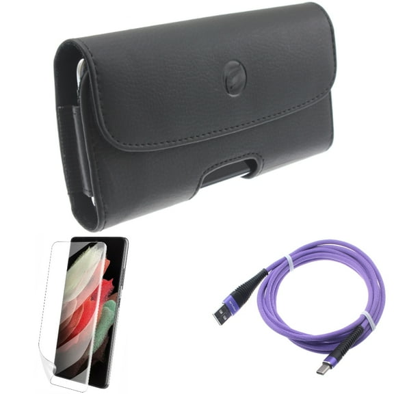 Case Belt Clip w Matte Screen Protector w 10ft USB Cable for Samsung Galaxy S21 Plus - Leather Holster, TPU Film Anti-Glare, Purple Type-C Accessory Bundle