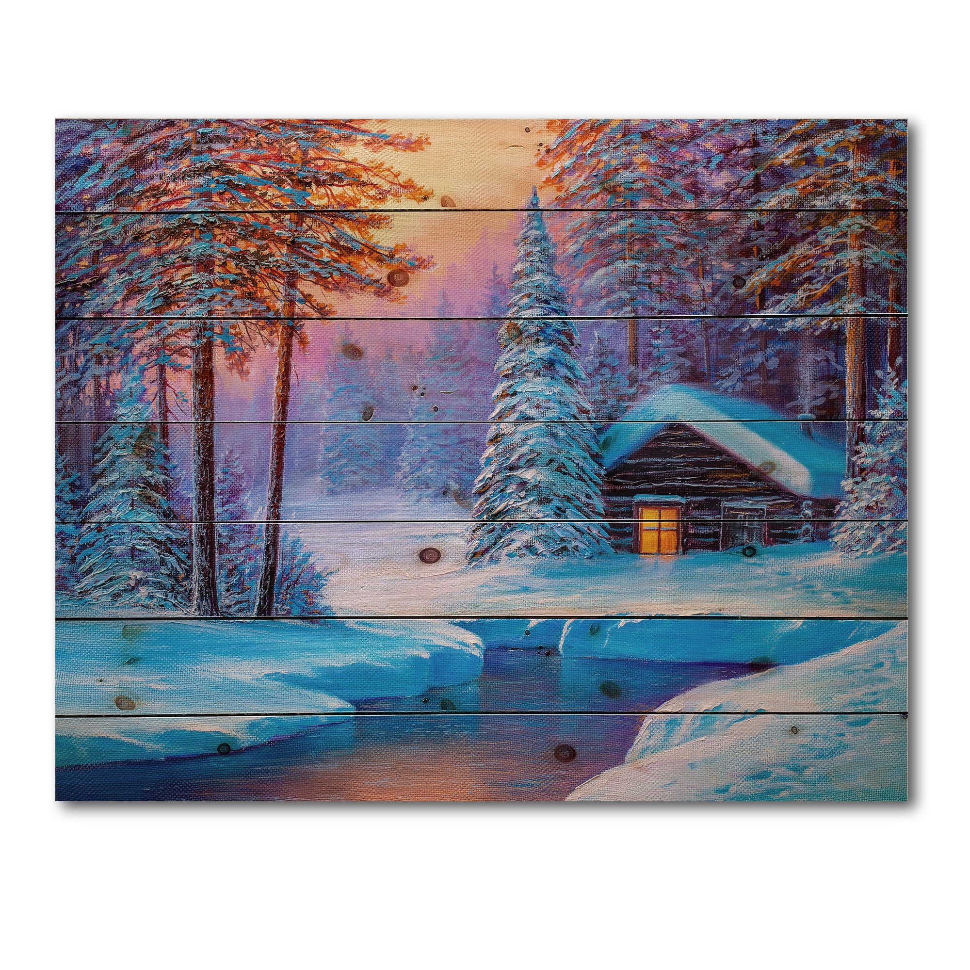 Designart 'Old Cabin In Winter Forest In Evening Glow I' Traditional Print on Natural Pine Wood