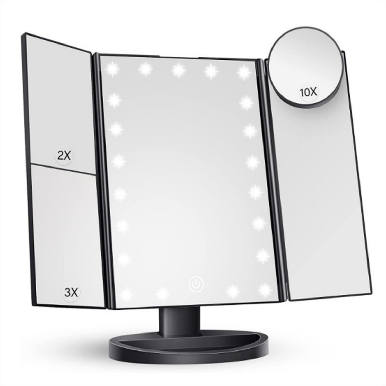 Miroir De Maquillage Triple Avec 24 LED - Grossissements 1X, 2X, 3X, 10X, écran Tactile, Rotation 180°, Alimentation Piles/USB