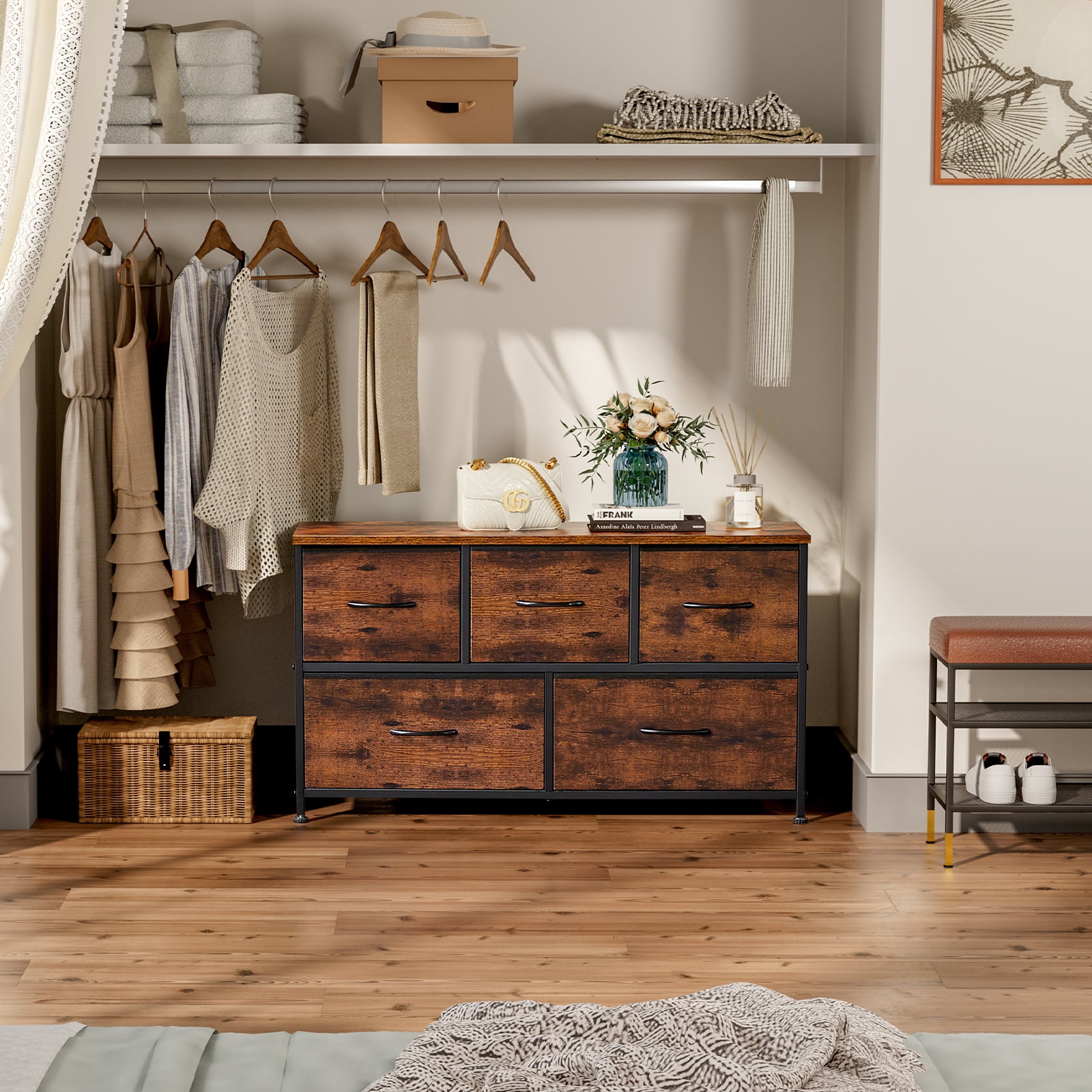 CONCETTA Dresser 5 Fabric Storage Drawer Dresser, TV Stand, Chest of Drawers for Bedroom, Closet, Entryway, Living Room, Rust