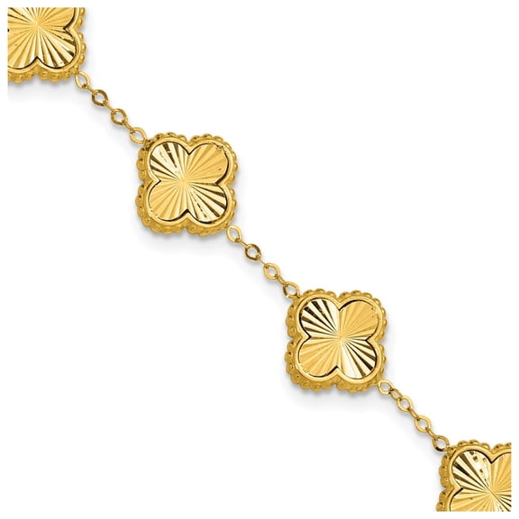 14k Yellow Gold Polished and Diamond-cut Clover Station Bracelet