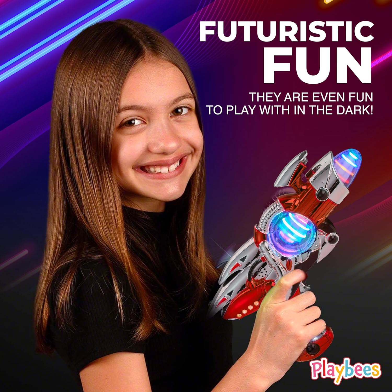 Playbees Light-Up Noise Blaster - Red & Blue 2 Pack - 11.5 Inches - Super Spinning Space Sound Effects with Futuristic Power Galaxy Ranger FX for Party Favor, Novelty, Bag Stuffer
