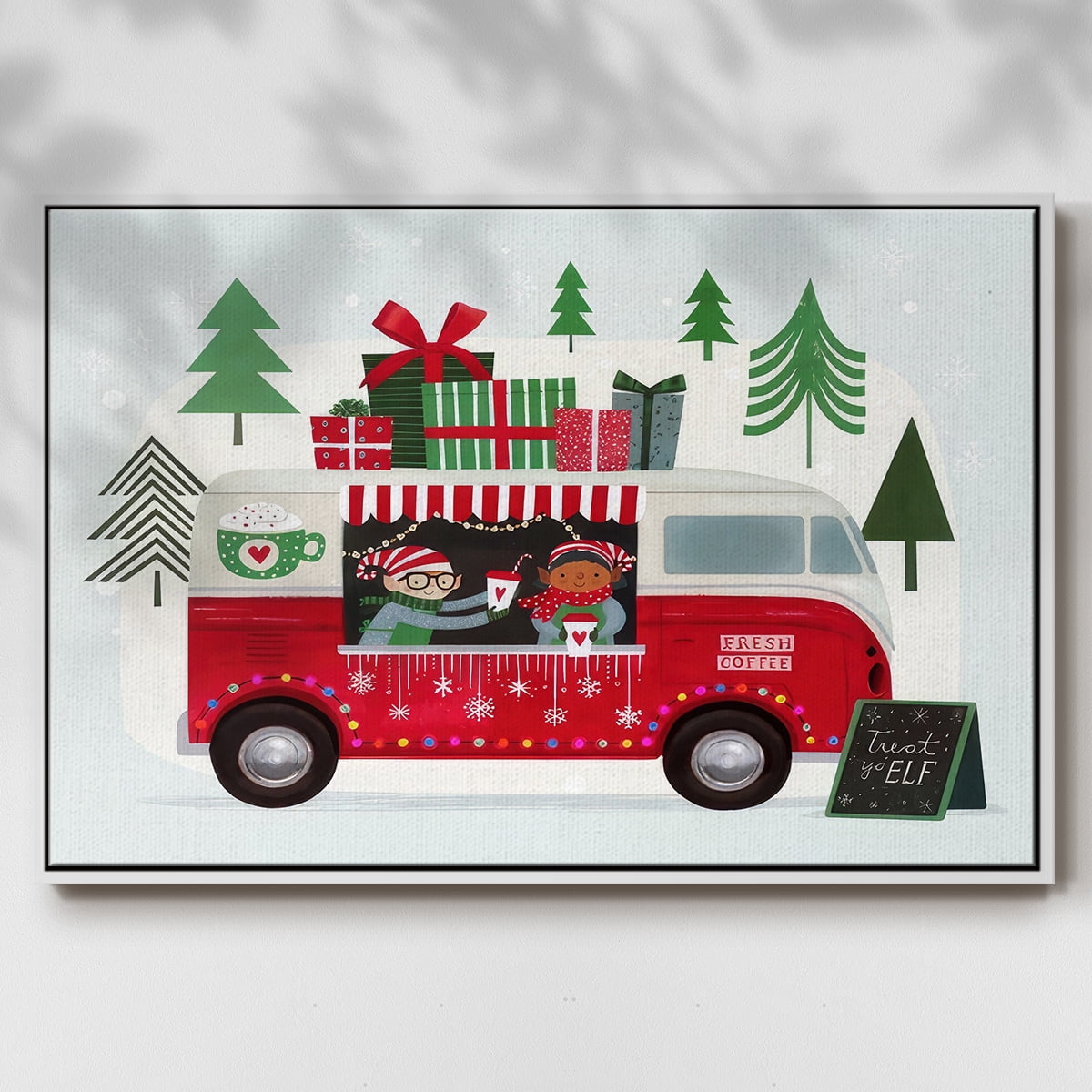Santa's Foodtruck Collection A - Framed Gallery Wrapped Holiday Canvas - 27 x 41 - White Frame