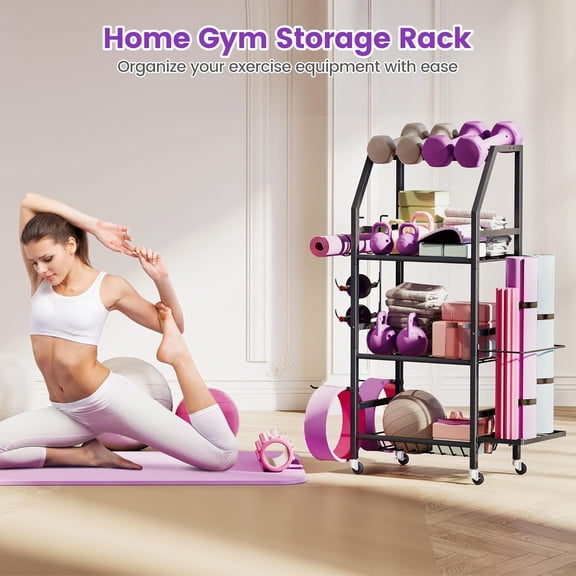 Dumbbell Rack, Weight Rack for Home Gym, Yoga Mat Storage Holder with Lockable Wheels, Dumbbell Stand with Hooks, All in One Work out Equipment Storage for Yoga Mat Dumbbell and Balls