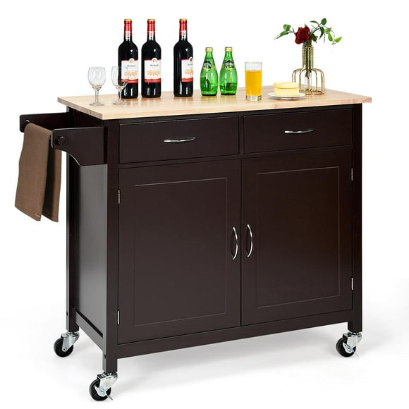 Giantex Rolling Kitchen Island Cart on Wheels, Kitchen Utility Trolley & Bar Serving Cart w/Rubber Wood Top, Handle Rack & Storage Cabinet and Drawers for Home Dining Room, Dark Brown