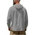 thumbnail image 3 of OGLCCG Men's Linen Stripe Hooded Shirts V Neck Half Button Down Long Sleeve Drawstring Blouses Oversized Casual Loose Fit Pullover Tops,XXXL,Gray, 3 of 6