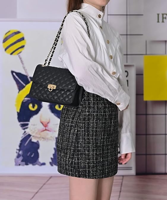 RKXQT Quilted Shoulder Bag for Women, Medium Flap Crossbody Handbag with Chain Strap, Soft Vegan Leather Clutch Purse  Blue Color: Black