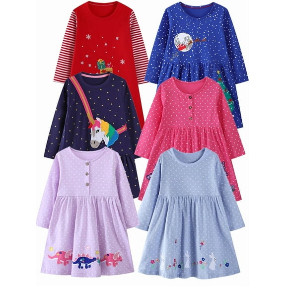 HWJAD 2-7 Years Kids Girl's Dresses Cotton Jersey Long Sleeve Crewneck Swing A-Line Cute Rabbit Midi Casual Polk Dot Dress