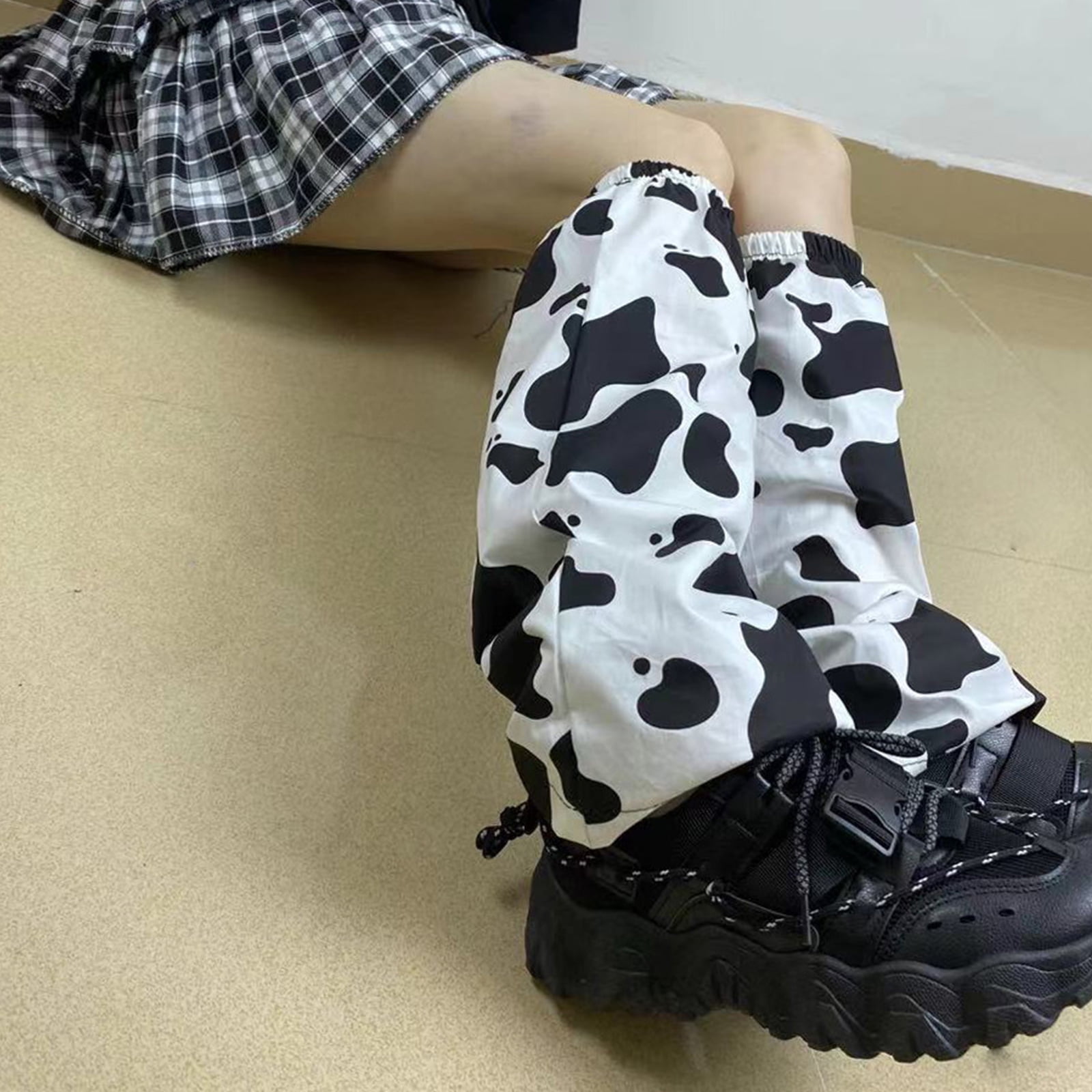 Black Milk Women Harajuku Baggy Loose Leg Warmers Gothic Milk Cow Print Foot Cover Socks 