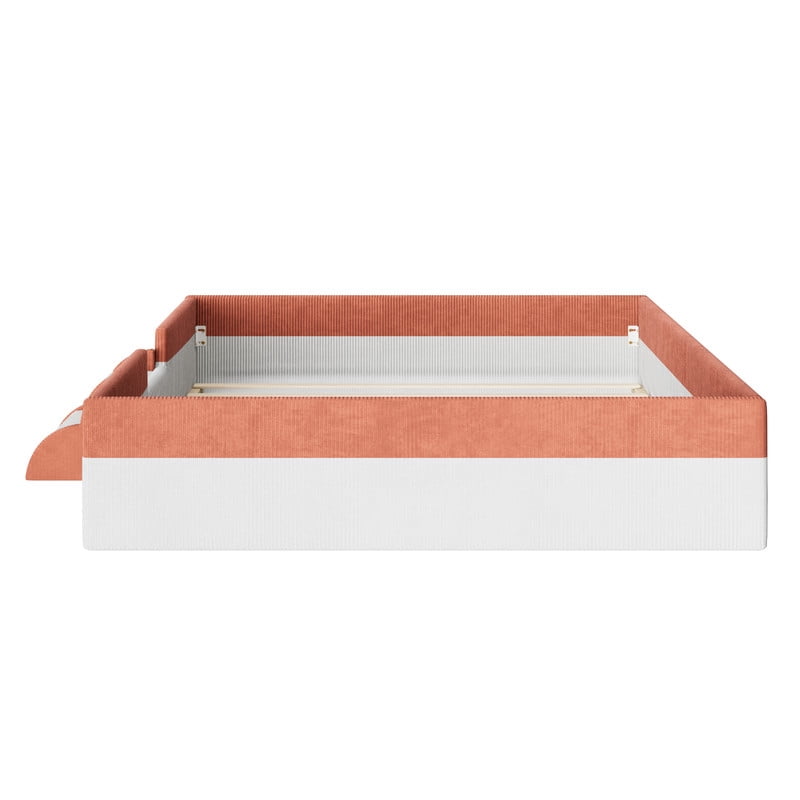 Queen Size Corduroy Upholstered Floor Bed Frame with Fence, Kids Low-Profile Platform Bed with 2-Tier Steps & Smart LED Lights