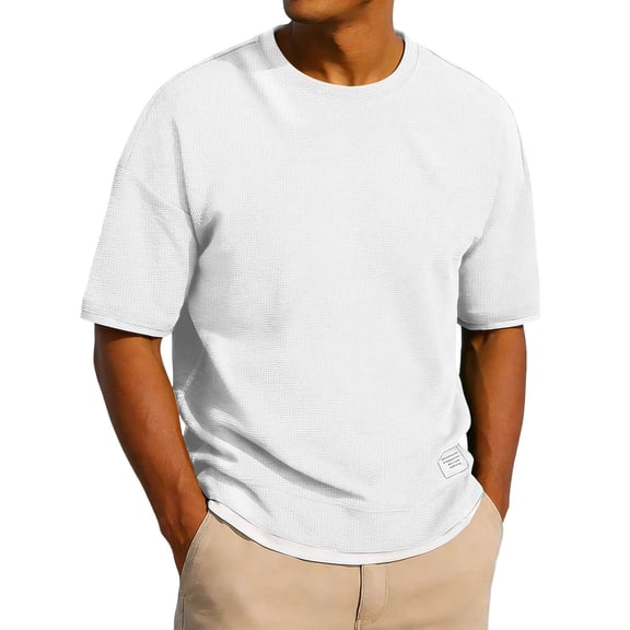 VgaVtl Big and Tall Men's Tshirt Short Sleeve Summer Clothes for Men Waffle Sports Leisure White Solid Color Tops