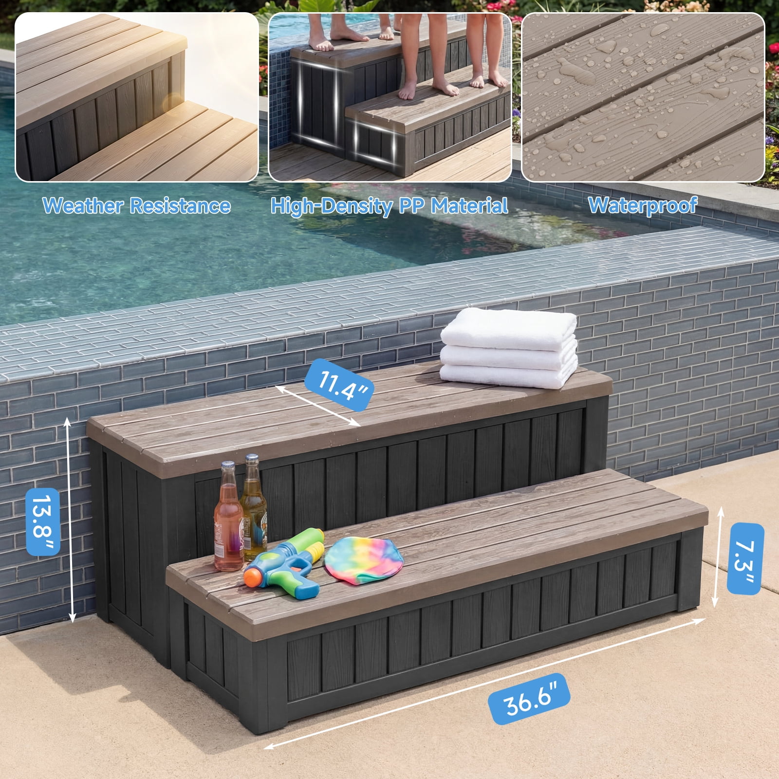 Dovov SPA Hot Tub Steps with Storage, Anti-Slip SPA Steps 36.6" Spa Hot Tub Storage Steps Indoor Outdoor Hot Tub Deck Step Swimming Pool Stairs, 780 lbs Capacity, Brown