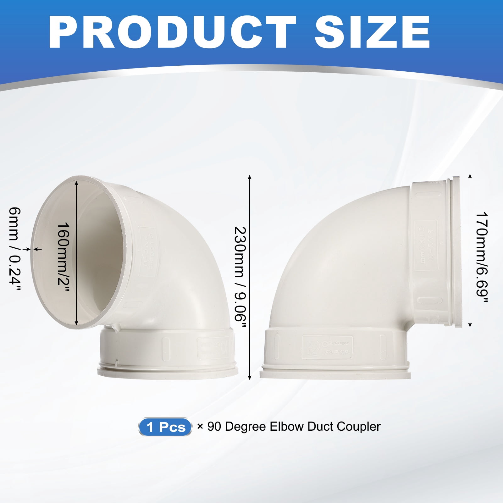 Uxcell Plastic 90 Degree Elbow (6" / 160mm ID, White) - Round Plastic Duct Coupler Pipe Connector Coupling Adapter Fitting, Fits Air Ventilation Exhaust Drain Waste Vent DWV Systems