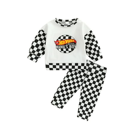 

2Pcs Newborn Baby Boys Pants Sets Checkerboard Letter Print Long Sleeve Pullover Tops + Trousers