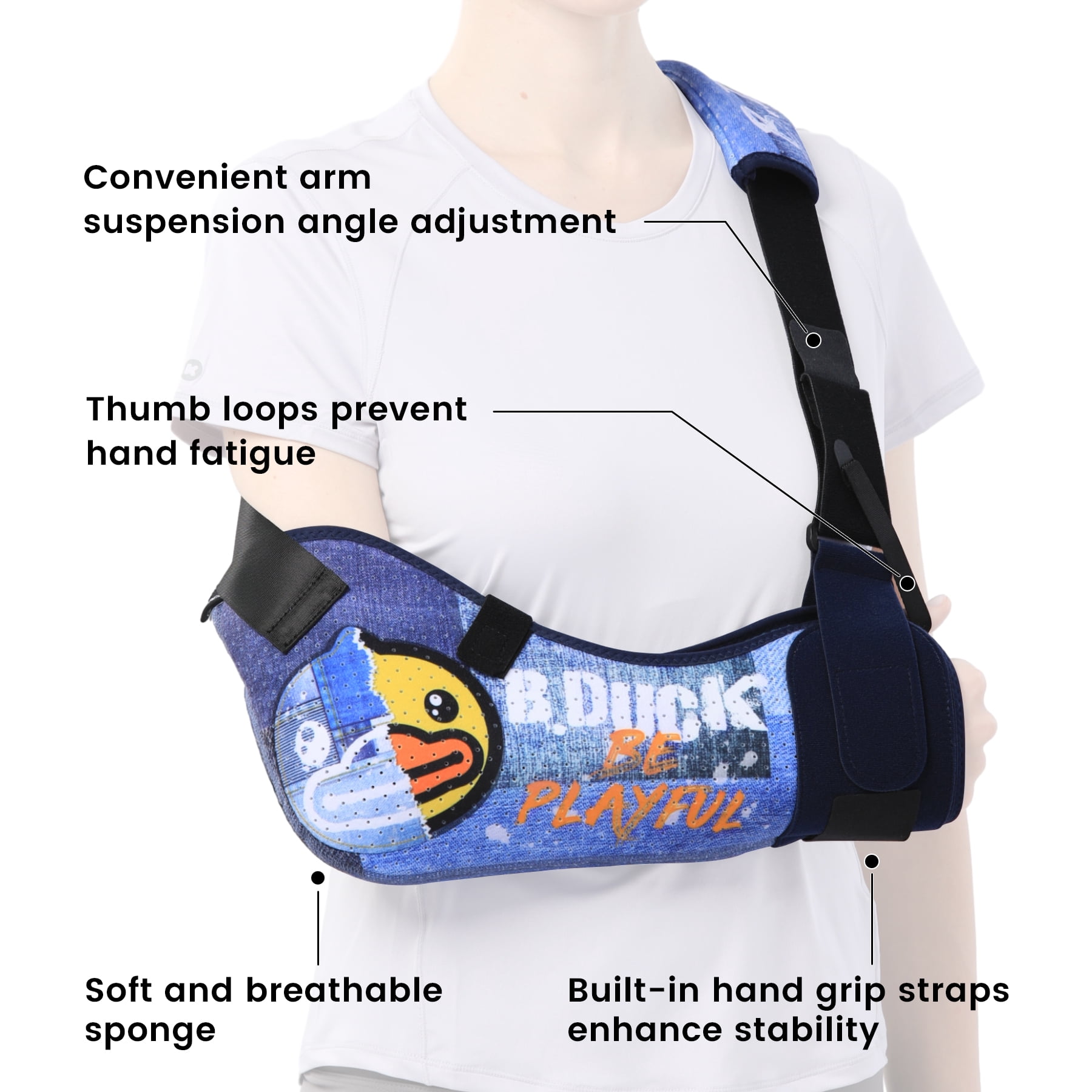 Velpeau Arm Sling with Waist Strap -Sponge Filled Holder Support Brace for Shoulder, Rotator Cuff, Elbow, Hand injury (Comfort-Duck Print, Left, L)