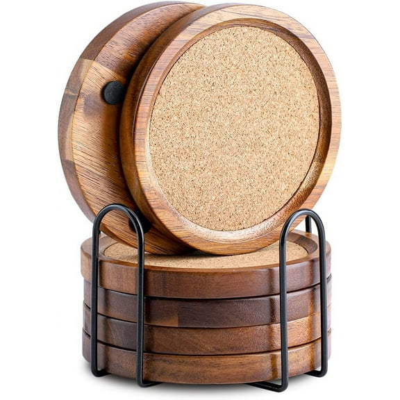 Wood Cork Coasters for Drinks Absorbent with Holder, Acacia Wood Coaster Sets Rustic Farmhouse for Coffee Table Dining Table Wooden Table Coasters for Desk, Set of 6 4.33in