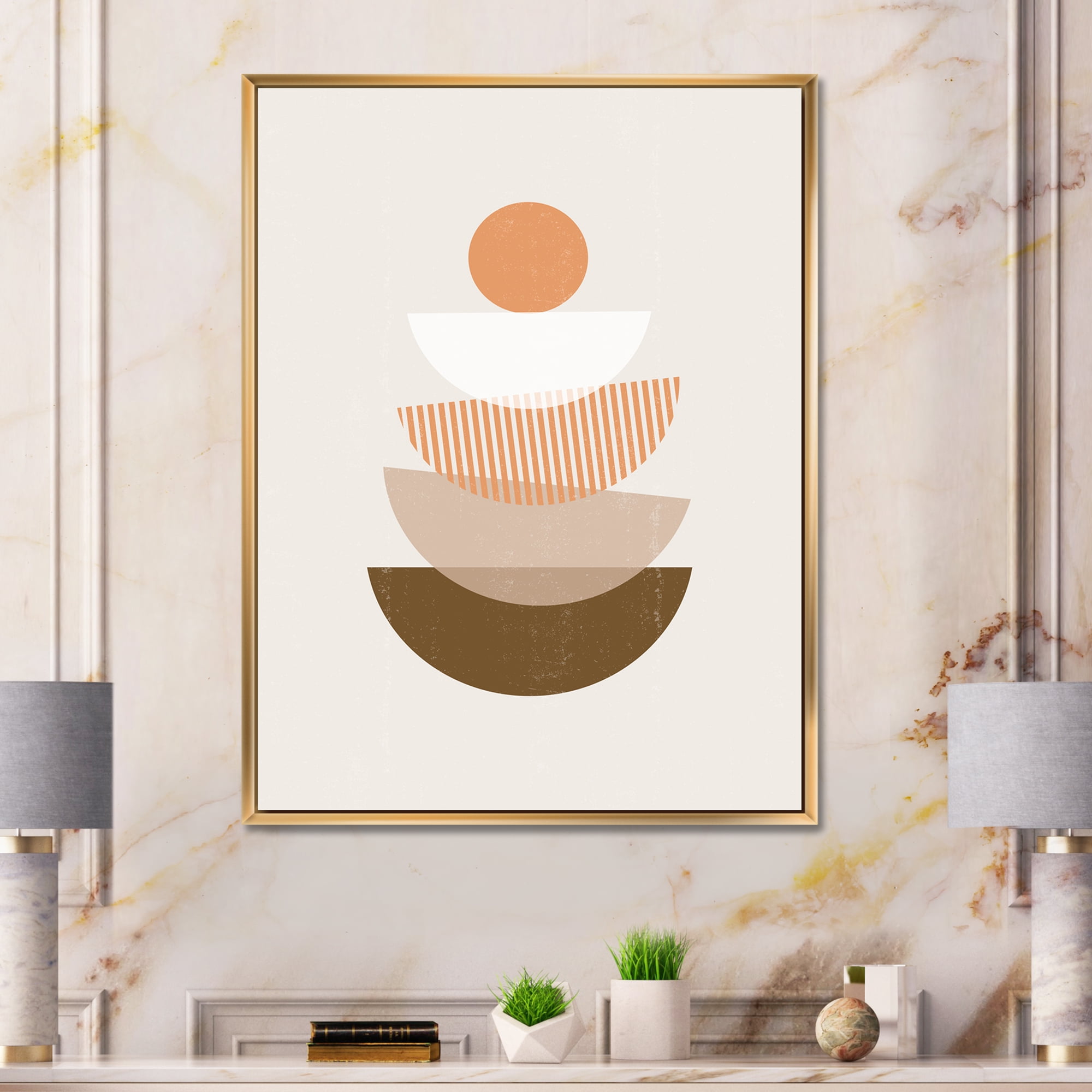 Designart 'Abstract Moon and Sun Geometrics In Terracotta I' Modern Framed Canvas Wall Art Print