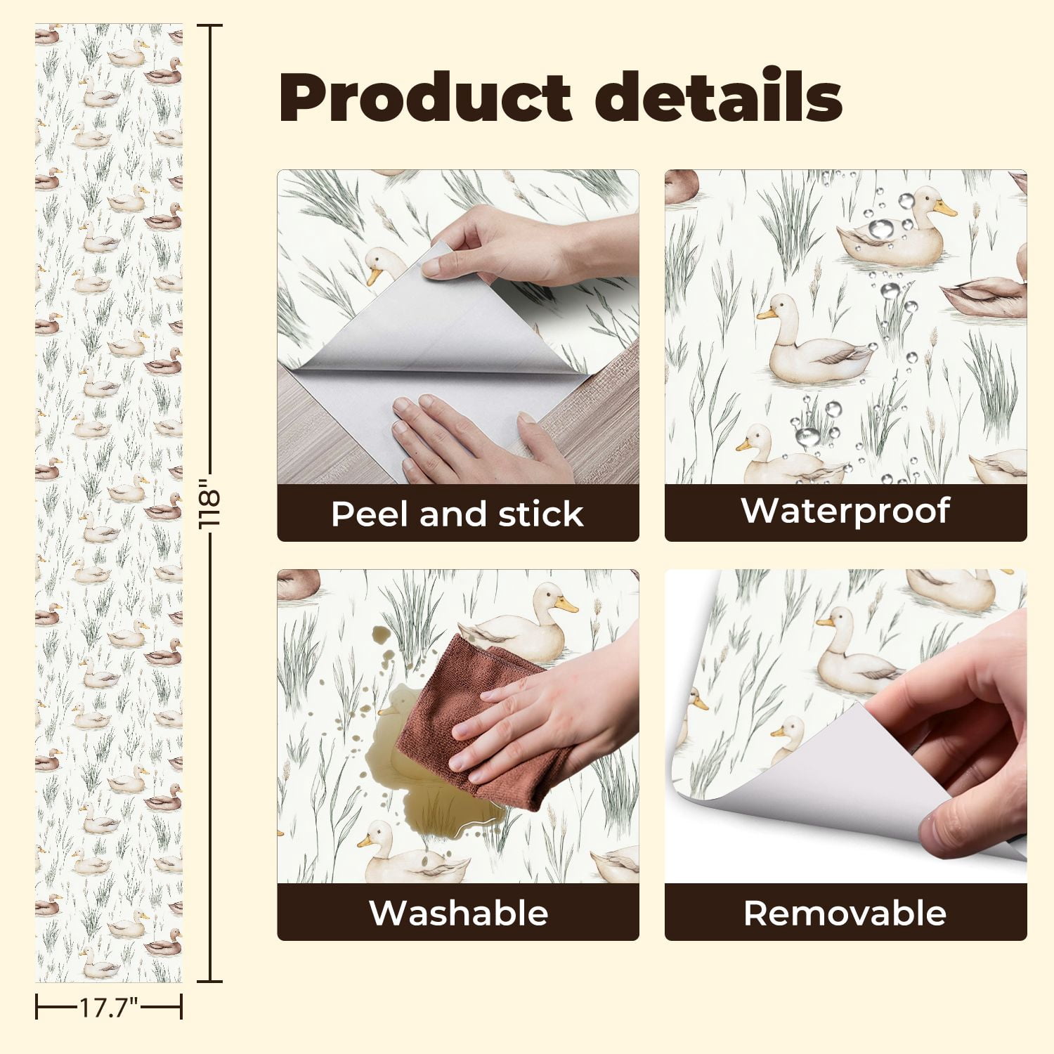 Peel and Stick Wallpaper Watercolor Ducks Seamless Reeds Soft Neutral Wall Mural 17.7in x 9.8ft Self Adhesive Removable Wall Paper Renter Friendly Wallpaper for Nursery Bedroom Cabinets
