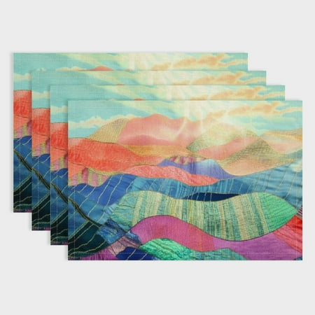 

PRATYUS Mountains Clouds Sun Linen Placemats Set of 4 for Birthday Parties Christmas Restaurants Home Decoration 18x12in