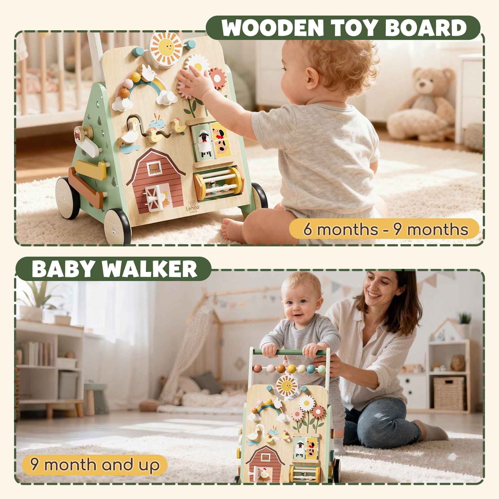 Baby Push Walker, Wooden Baby Walking Toys for 1 Year Old, Adjustable Speed Walker for Baby Boy Girls, Farm Theme Toddler Walker, Montessori Walker Toy, Sit to Stand Walker with Baby Activity Center
