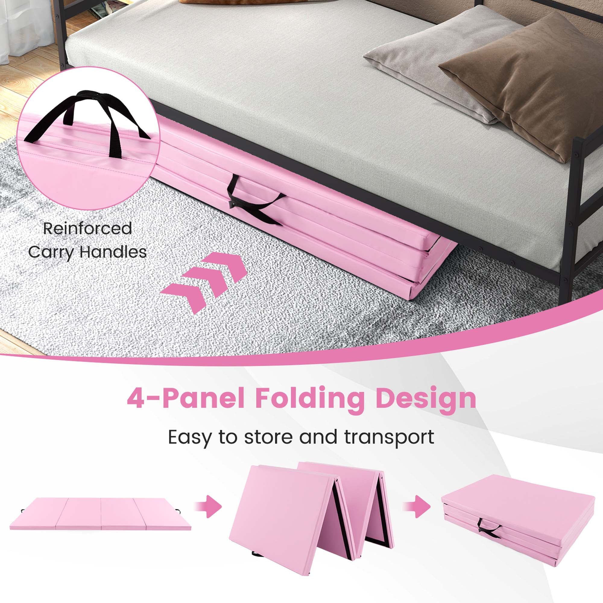 Costway 10' x 4' x 2" 4-Panel Folding Exercise Mat with Carrying Handles for Gym Yoga Light Pink