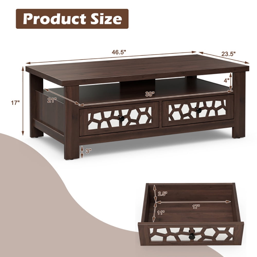 Finihen Coffee Table, Rectangular Coffee Table, 3-tier Coffee Table with 2 Drawers and 5 Support Legs, for Living Room, Reception Room, Office, Brown Finihen Coffee Table, Rectangular Coffee Table, 3-tier Coffee Table with 2 Drawers and 5 Support Legs, for Living Room, Reception Room, Office, Brown