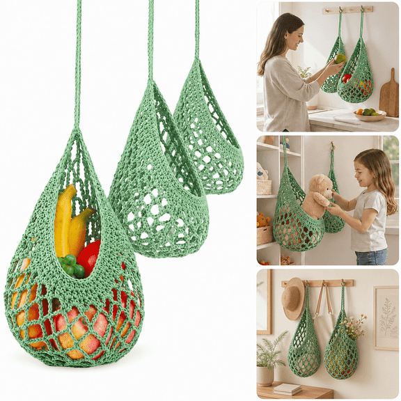 Boho Home Decor Crochet Hanging Fruit Basket, Foldable Hanging Net Bag, Vintage Cottage Wall Basket Decor, Kitchen Wall Decor Fruit Hammock for Fruit Vegetable Potato Onion Storage, 3 Pack Sage Green