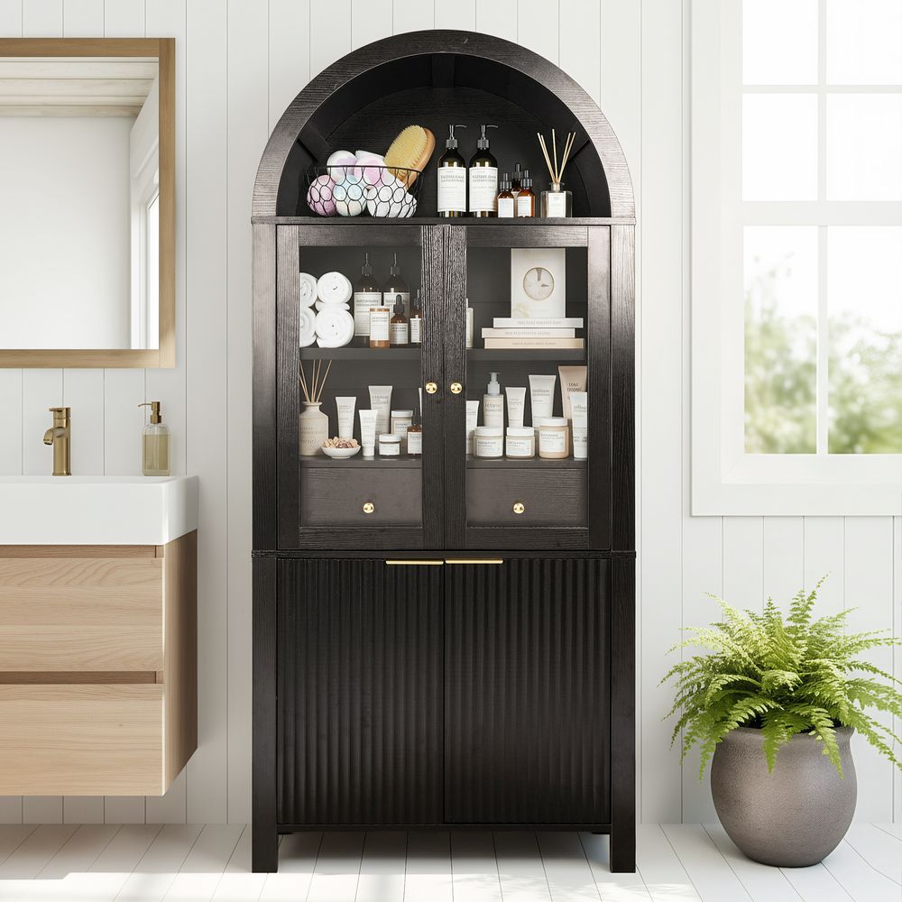 MIDOQIN  71" Tall Arched Bookcase, Farmhouse Display Cabinet with Adjustable Shelves, Hidden Drawer & Glass Door Bookshelf