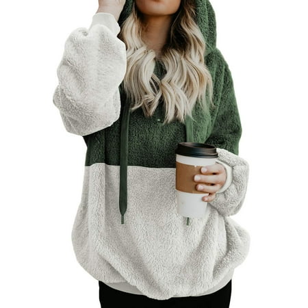 - 711ONLINESTORE Women Fuzzy Fleece Drawstring Zipped Front Long Sleeve Hoodies Outwear