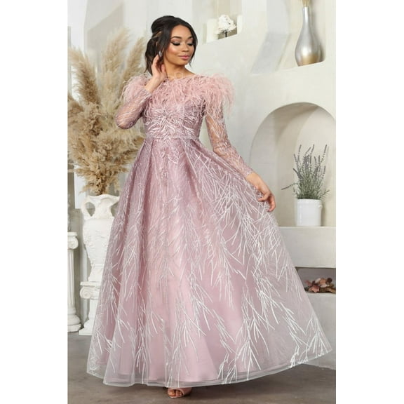 Women's Royal Blue Queen RQ8044 A-Line Rhinestone Leafy Pattern MOB Gown Mauve 20