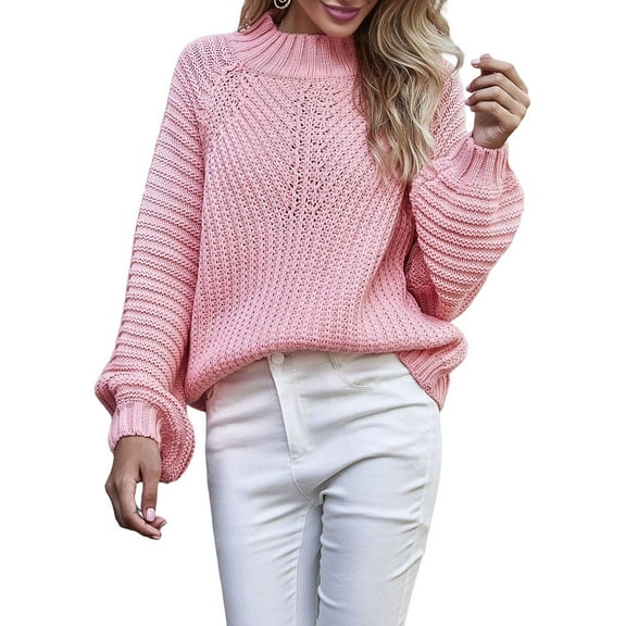 Womens Turtle-Neck Oversized Sweaters Casual Long Sleeve Pullover Loose Chunky Knit Jumper Pink L