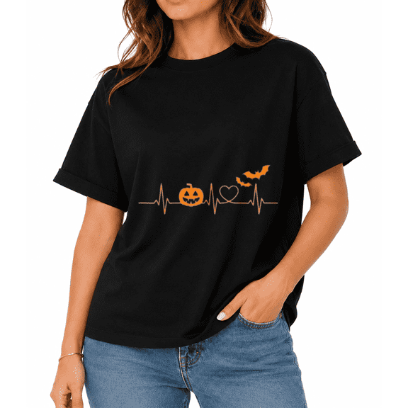 1pc Women Halloween Fall Autumn Pumpkin Bat Heartbeat Graphic Print Black Cotton Blend Loose Casual Crew Neck Tee For Holiday Party Gift