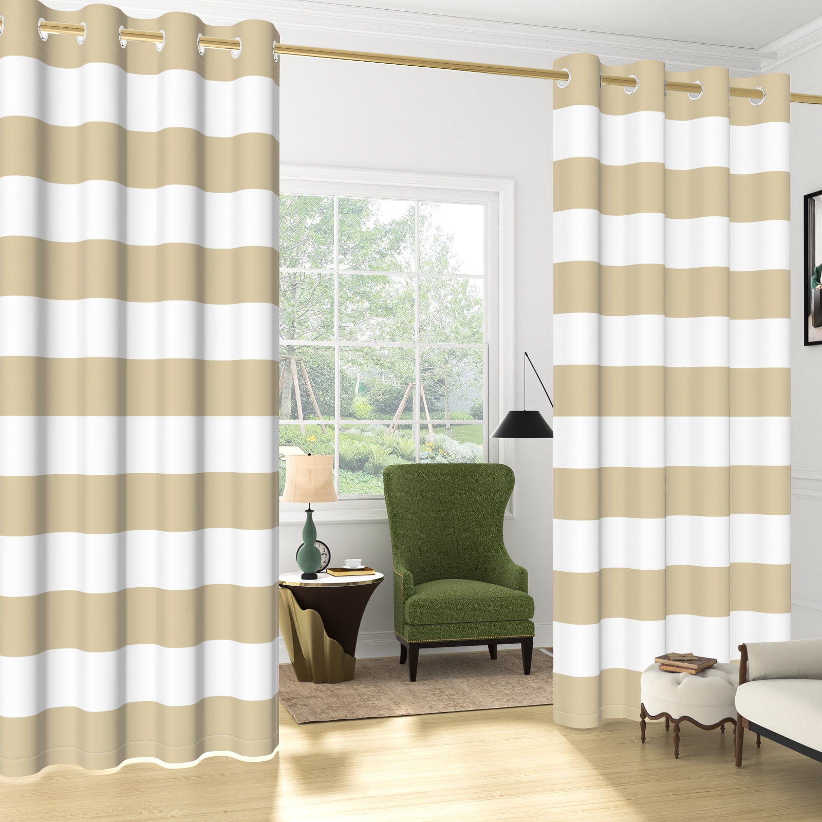 Nanqianyi Beige Striped Blackout Curtains, Classic Horizontal Stripe Grommet Drapes for Bedroom, Thermal Insulated Room Darkening Curtains 2 Panels Set 42x84 Inch