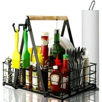 Fabulas Grill Caddy, Metal BBQ Caddy with Wooden Handle, Paper Towel, Utensil & Condiment Organizer for Outdoor Kitchen, Picnic, RV, Patio, Camping, Tailgate