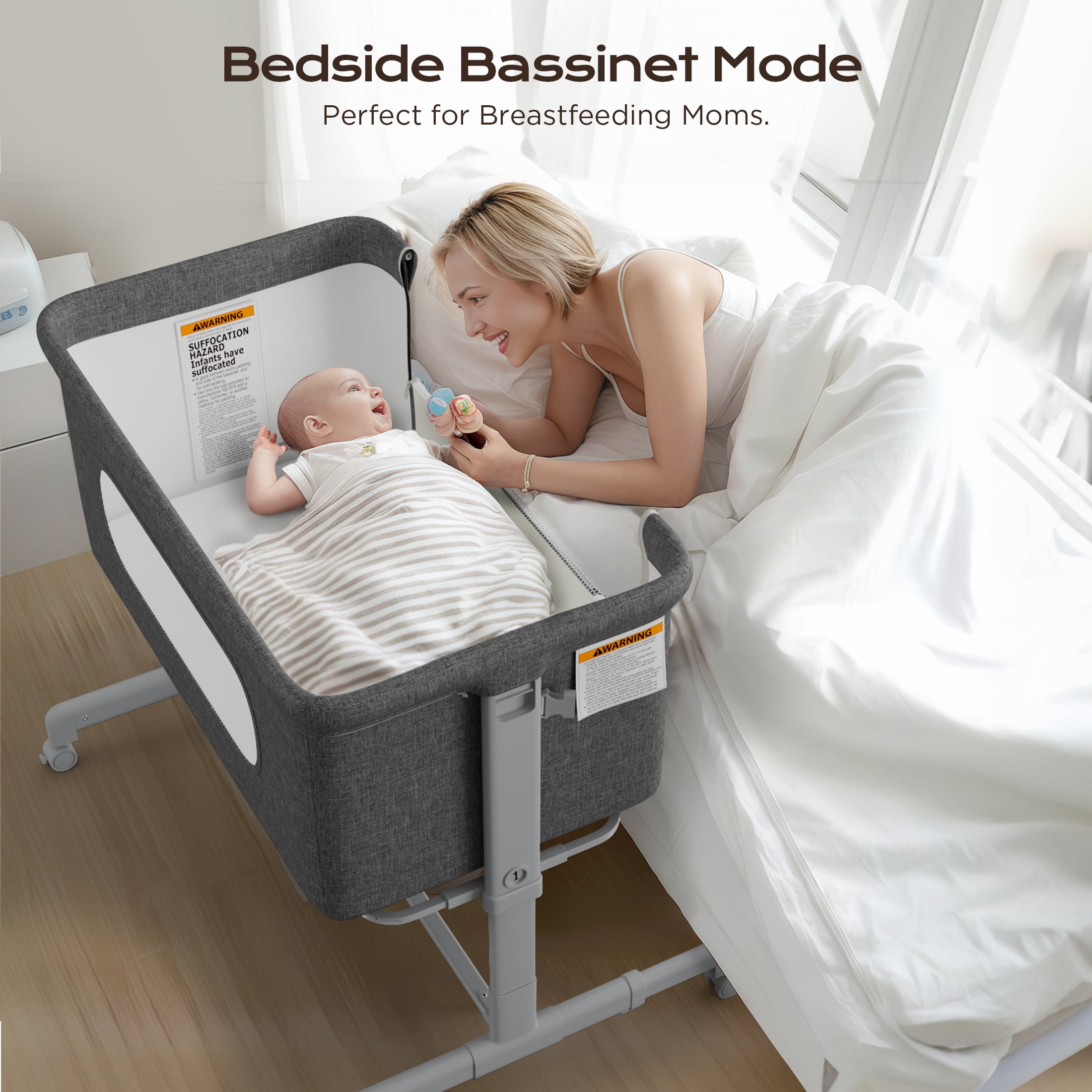 Babyomi Baby Bassinet with Adjustable 6-Level Height, Bedside Crib for Newborn, Grey